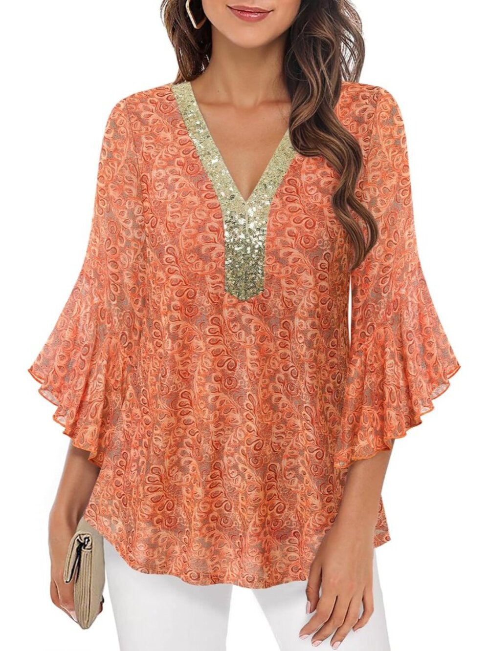 Women's Ruffle 3/4 Sleeve Sparkly Tops Sequin V Neck Blouses Dressy Fall Shirts - Picture 6 of 7